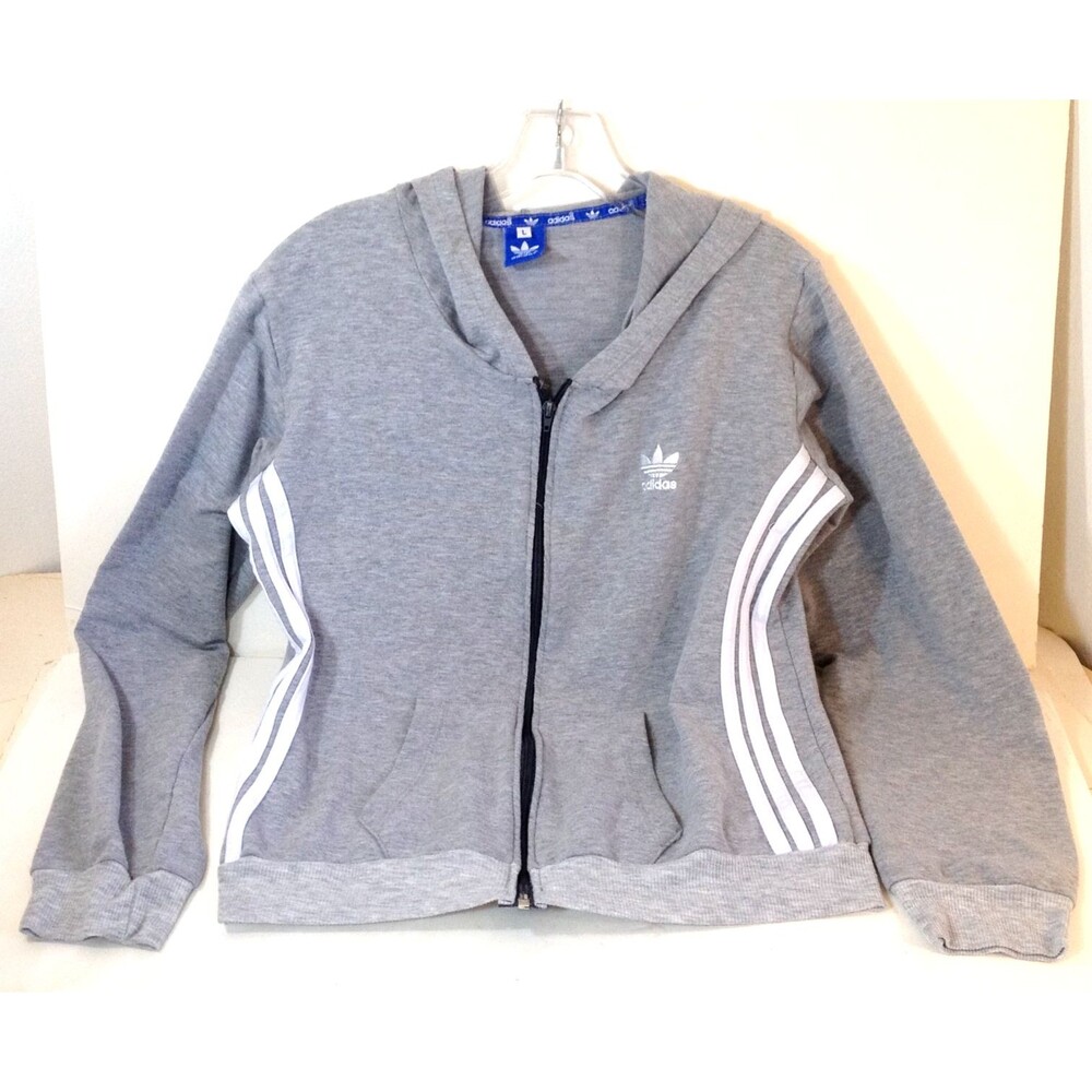 Adidas Hoodie Full Zip Sweatshirt Gray Youth Large 14/16 Soft Feel Pockets